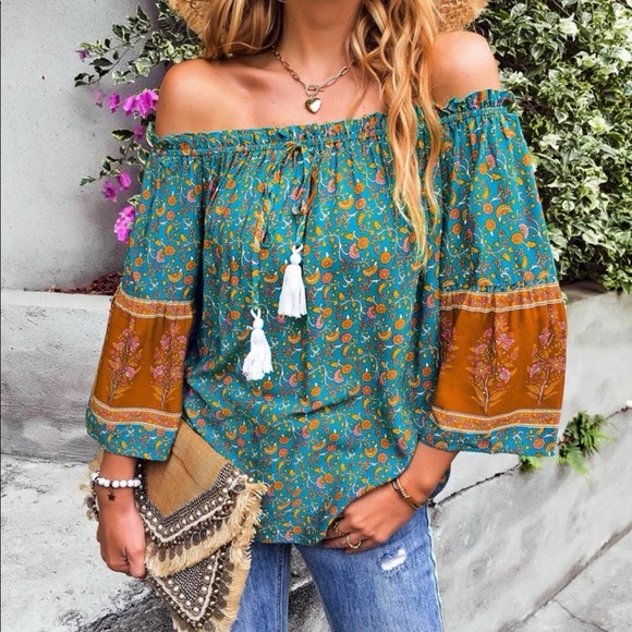 Bohemian Teal Green Floral Print Off Shoulder Top S M L XL - Picture 4 of 4